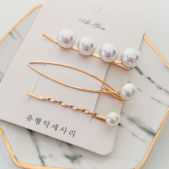 Set of 3 Pearl Gold Tone Hair Pins Barrettes NWT - Picture 1 of 5